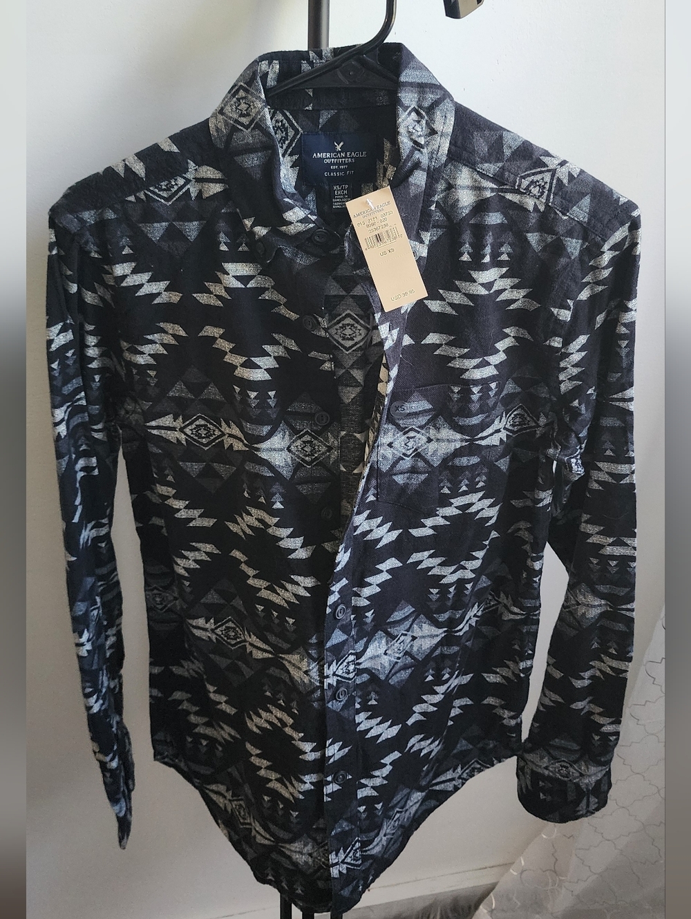 American Eagle Outfitters Black and Gray Aztec Button-Down Shirt